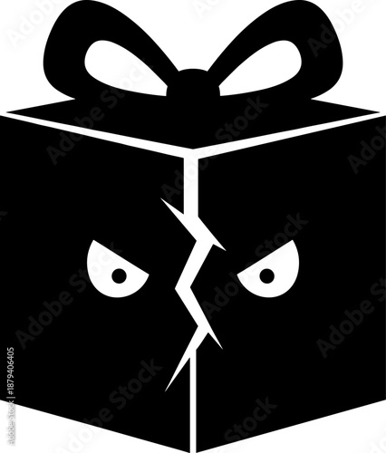 Evil Present Icon: Monochromatic Vector of a Cracked Gift Box with Menacing Eyes, Representing a Broken Promise, Bad Surprise, or Hidden Danger Symbol