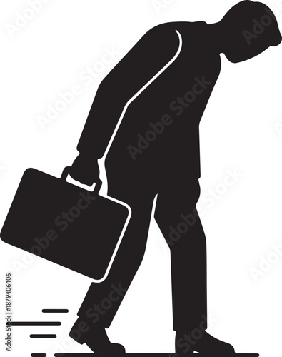 Silhouette of a tired businessman walking slowly with a briefcase, depicting exhaustion, stress, or a long workday, representing burnout or an overloaded professional