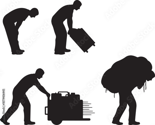 Silhouettes of men handling heavy luggage and burdens, depicting concepts of travel, effort, strain, and movement of goods or personal belongings