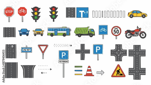 Collection of traffic signs and road elements for transportation and safety.