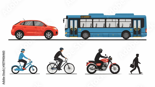 Diverse modes of transportation including car bus bicycle motorcycle and pedestrian.