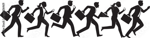 Silhouettes of diverse business people running, rushing, and communicating on phones, depicting modern corporate urgency, competition, and the fast-paced rhythm of business life