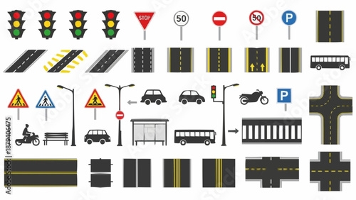 Collection of traffic lights road signs and vehicles.