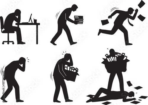 Concept of Business Overwork and Burnout Silhouettes illustrate an office worker struggling with heavy workload, stress, exhaustion, and mental pressure in the corporate environment