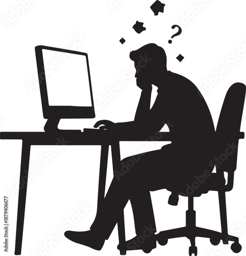 Confused or stressed businessman silhouette working at computer, facing problem, challenge, or mental block, contemplating solution with question mark and crumpled papers