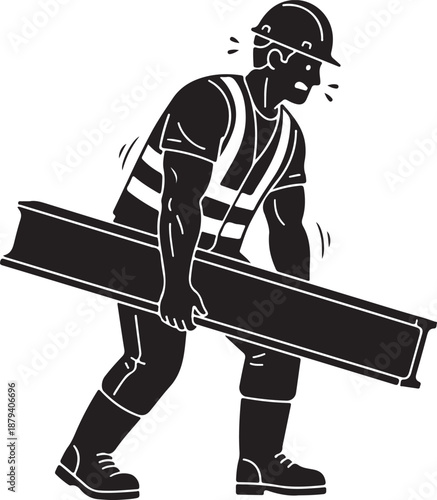 Construction Worker Struggling with Heavy I-Beam, Illustrating Manual Labor, Physical Strain, and Effort on a Job Site