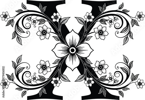 Elegant decorative letter X silhouette with intricate floral vines, blooming flowers, and graceful swirls for wedding invitations and monogram design.