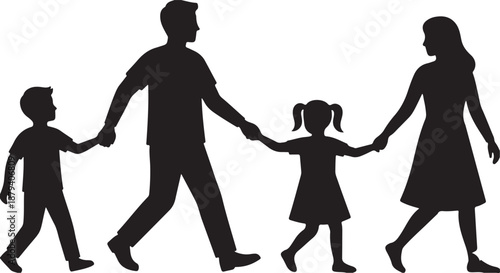 Family Silhouette Parents and Children Walking Hand-in-Hand, Illustrating Togetherness, Love, and Support