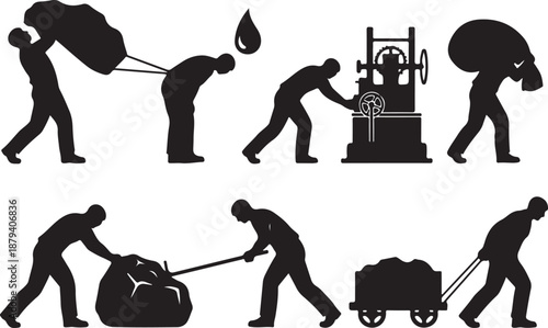 Industrial Labor and Mining Silhouettes A Collection of Workers Engaged in Manual Tasks, Digging, Hauling, and Operating Machinery, Symbolizing Hard Work and Production