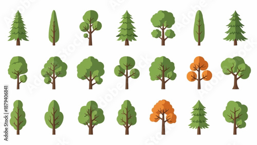 Collection of diverse cartoon trees in various shapes and colors.
