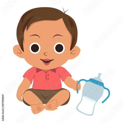 Cute baby boy holding feeding bottle vector illustration