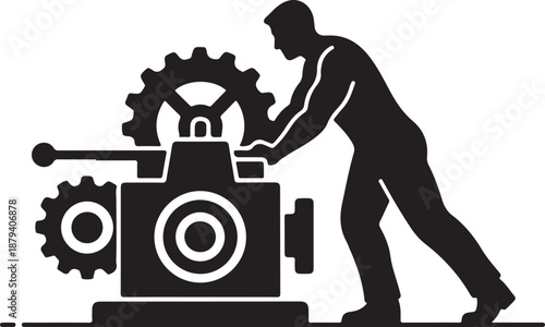Man Pushing Industrial Machine with Gears, Hard Labor Concept Icon - Illustrating Effort, Power, and Mechanical Work