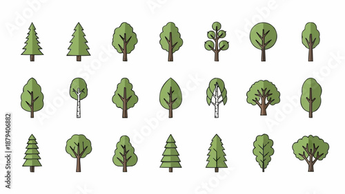Collection of diverse cartoon trees in various shapes and sizes.