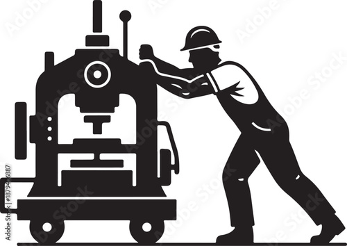 Industrial worker in hard hat and overalls operating a heavy press machine or factory equipment, depicted in a retro black and white silhouette or vintage style illustration