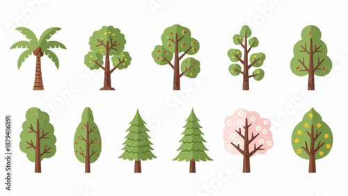 Collection of diverse cartoon trees in various shapes and sizes.