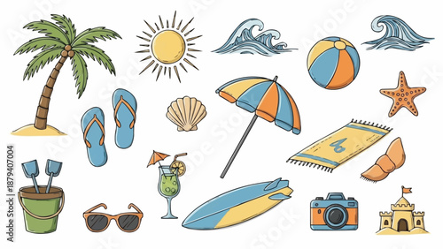 Collection of beach vacation and summer holiday icons.