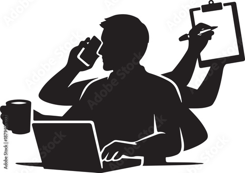 Silhouette of a Multitasking Businessman Juggling Multiple Tasks Simultaneously Working on Laptop, Talking on Phone, Sipping Coffee, and Writing on Clipboard, Representing Productivity and Workload
