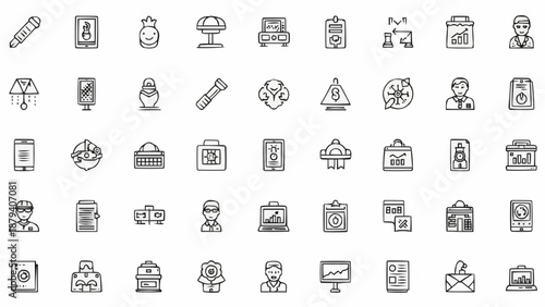 Collection of Business and Office Related Icons in a Grid Layout.
