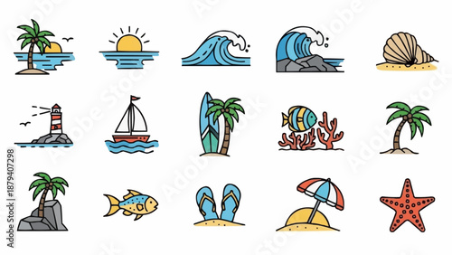 Collection of colorful summer beach and ocean icons.