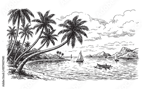 tropical beach with leaning palm trees, calm water, and distant mountains in a vintage woodcut style.