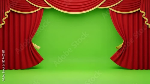 Theater curtains are open on a green background stage for an event or presentation.