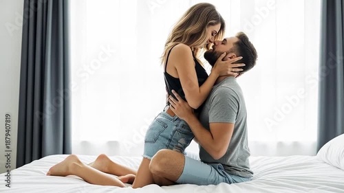Couple shares intimate moment on bed in a bright room with curtains