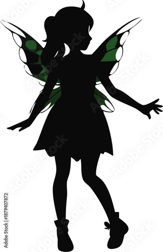 Girl Wearing A Green Fairy Costume With Wings Silhouette