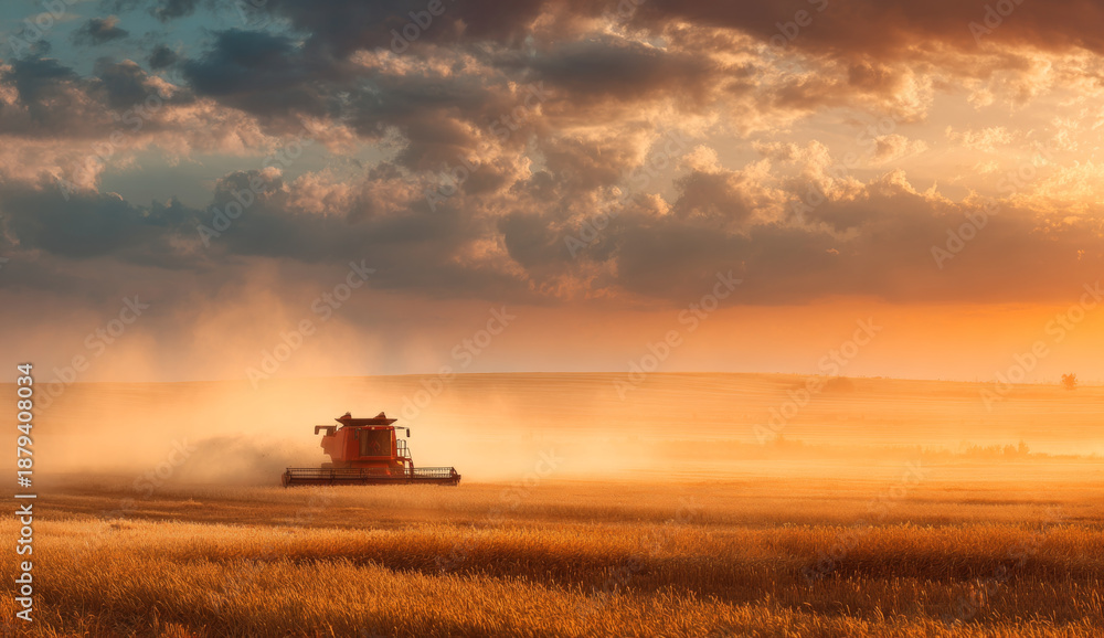 Fototapeta premium Red harvester working in a wheat field during sunset with golden sky and agricultural machinery in motion