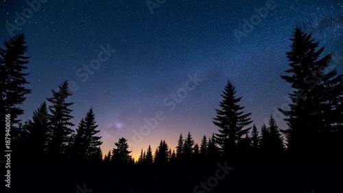 Stars shine brightly in the night sky above a forest of tall pine trees at dusk.