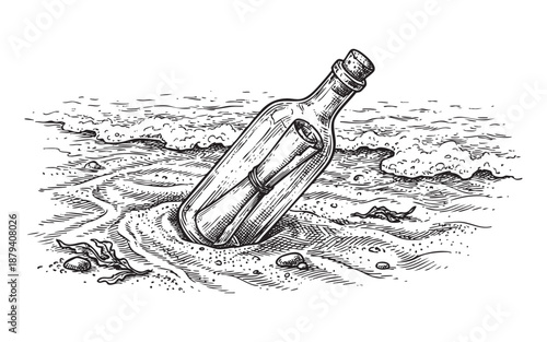 glass bottle with a rolled paper message inside, washed up on a sandy beach near the water's edge in a vintage woodcut style.