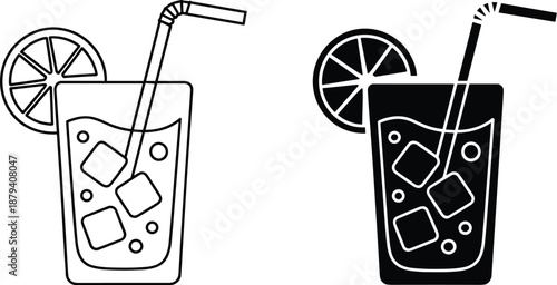 Lemon iced drink icons, outline and solid cocktail glass with straw and ice cubes, vector illustration isolated