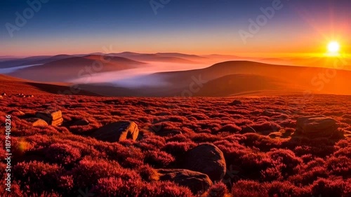 Sunset over rolling hills with purple heather and rocks in foreground landscape
