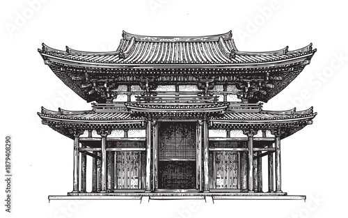 Asian wooden temple or shrine with a multi-tiered roof and intricate details in a vintage woodcut style.