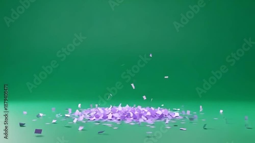 Purple petals falling from above, scattered on green floor, captured from straight viewpoint, illustration image, serene environment