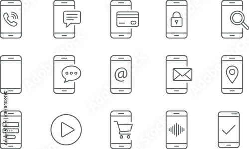 Vector set of smartphone mobile app icons, phone interface symbols, calling, messaging, security, shopping, and digital technology signs,