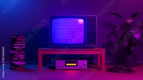 Vintage television on wooden table glowing green screen in dark room with neon light and plants around