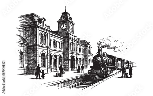 Victorian train station exterior featuring a clock tower and a steam train arriving at the platform in a vintage woodcut style.