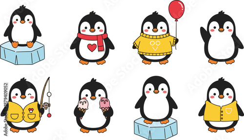 Cute Penguin Character Set with Kawaii Animal Illustrations Featuring Fishing Ice Cream Balloon Winter Outfits and Iceberg Vector Clip Art