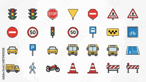 Collection of traffic signs and vehicles illustration.