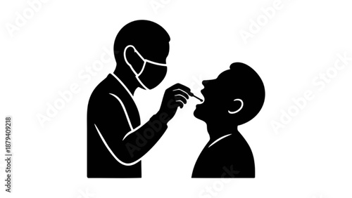 A silhouette showing a doctor wearing a mask while examining a patient's throat or mouth