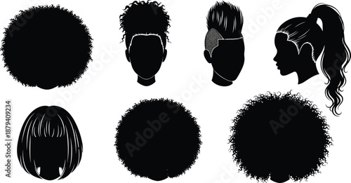 Diverse Set of Female Hairstyles Silhouette Including Afro Curls Ponytail Bob and Mohawk Isolated Vector Icons for Beauty and Haircare Design