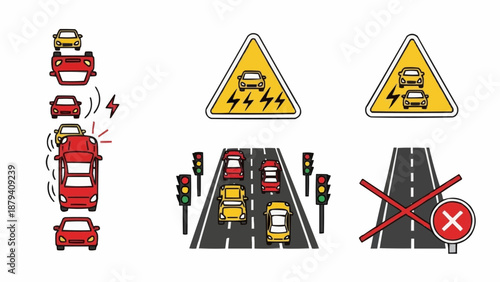 Traffic Jam Road Signs and Symbols Illustration.