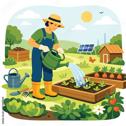 Garden Maintenance Scene - Professional Landscaping Illustration featuring Organic Backyard Plant Care, Sustainable Green Environment Service, Outdoor Gardening Hobby,