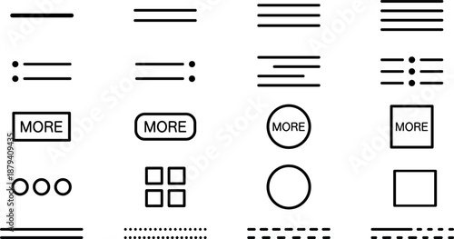 Vector set of user interface icons, navigation menu symbols, buttons, text alignment lines, more options, and web design,