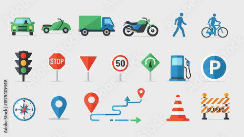 Collection of Transportation and Navigation Icons.