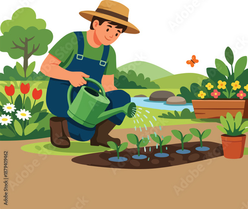 Gardener Watering Plants - Professional Landscape Maintenance Illustration featuring Sustainable Plant Care, Organic Backyard Gardening Activity, Summer Horticulture Service