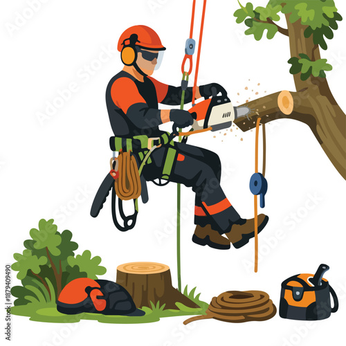 Tree Maintenance Activity - Professional Arborist Service Illustration featuring Orchard Pruning, Tree Care Landscaping, Sustainable Forestry Management