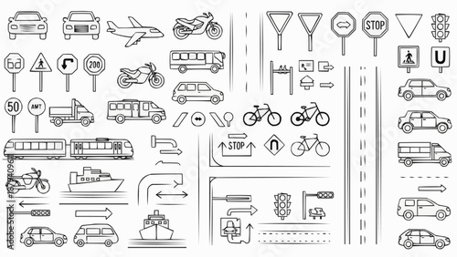 Collection of Transportation Vehicles and Road Signs Icons.