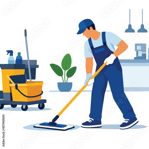 Commercial Cleaning Illustration - Professional Janitorial Service featuring Corporate Office Sanitation, Industrial Maintenance Team, Modern Workspace Disinfection,