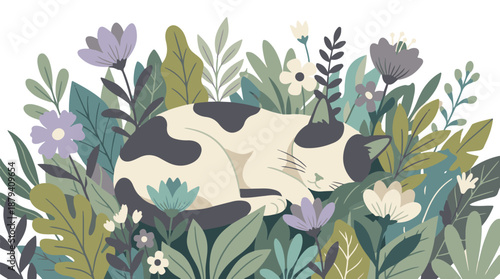 Illustrative sleeping cat surrounded by colorful garden flowers and leaves